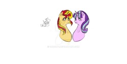 Size: 1280x652 | Tagged: safe, artist:cacckti, starlight glimmer, sunset shimmer, pony, unicorn, g4, blushing, bust, commission, deviantart watermark, female, lesbian, mare, obtrusive watermark, ship:shimmerglimmer, shipping, simple background, watermark, white background