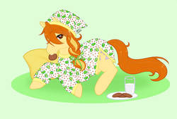 Size: 1089x734 | Tagged: safe, artist:reachfarhigh, rosette (g1), pony, g1, clothes, cookie, female, food, lying down, milk, milk and cookies, pajamas, solo