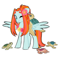 Size: 1024x966 | Tagged: safe, artist:azure-art-wave, oc, oc only, pegasus, pony, turtle, female, magical lesbian spawn, mare, offspring, one eye closed, parent:meadowbrook, parent:spitfire, simple background, solo, transparent background, wink