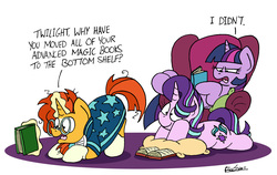 Size: 6322x4002 | Tagged: safe, artist:bobthedalek, starlight glimmer, sunburst, twilight sparkle, alicorn, pony, unicorn, g4, absurd resolution, book, butt, chair, enjoying the view, eyes on the prize, face down ass up, female, looking at butt, magic, male, mare, pervert, pillow, plot, reading, ship:starburst, shipping, signature, simple background, smiling, stallion, straight, telekinesis, trio, twilight sparkle (alicorn), twilight sparkle is not amused, unamused, unaware, voyeurism, white background