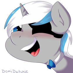 Size: 3500x3500 | Tagged: safe, artist:demidutchie, oc, oc only, oc:sekr gray, pony, bowtie, eyepatch, face, happy, high res, simple background, solo, white background, ych result