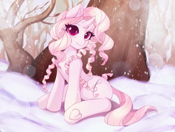 Size: 2560x1920 | Tagged: safe, artist:yasuokakitsune, oc, oc only, oc:dixie, pony, unicorn, commission, cute, cutie, forest, frog (hoof), hooves, looking at you, scenery, sitting, snow, snowfall, solo, tree, underhoof, winter, ych result