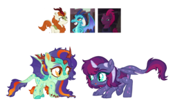 Size: 1568x933 | Tagged: safe, artist:unoriginai, autumn blaze, fizzlepop berrytwist, princess ember, tempest shadow, oc, dracony, dragon, half-dragon, hybrid, kirin, pony, unicorn, g4, sounds of silence, adoptable, cloven hooves, colored claws, cute, dragon lord ember, duo, horn, kirin hybrid, magical lesbian spawn, multiple horns, offspring, parent:autumn blaze, parent:princess ember, parent:tempest shadow, parents:emberblaze, parents:temper, scales, screencap reference, simple background, transparent background