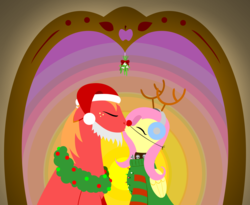 Size: 2879x2361 | Tagged: safe, alternate version, anonymous artist, big macintosh, fluttershy, earth pony, pony, series:fm holidays, g4, antlers, bell, bell collar, christmas, christmas lights, christmas sweater, christmas wreath, clothes, collar, earmuffs, eyes closed, fake beard, fake nose, female, flat colors, hat, high res, holiday, kissing, lineless, male, mistletoe, red nose, reindeer antlers, santa hat, ship:fluttermac, shipping, straight, sweater, wreath