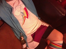 Size: 1600x1200 | Tagged: safe, photographer:mr.sparkle, rainbow dash, human, g4, alcohol, beer, clothes, compression shorts, cosplay, costume, crossdressing, crossplay, cutie mark, irl, irl human, photo, rainbow socks, shorts, skirt, socks, solo, striped socks