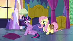 Size: 1280x720 | Tagged: safe, screencap, fluttershy, twilight sparkle, alicorn, pegasus, pony, a health of information, g4, bag, bags under eyes, bed, cutie mark, duo, female, lamp, on floor, pillow, saddle bag, sitting, twilight sparkle (alicorn), twilight's bed, twilight's bedroom, twilight's castle
