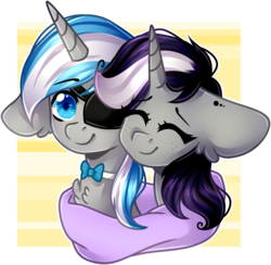 Size: 1828x1783 | Tagged: safe, artist:grapegrass, oc, oc:sekr gray, oc:starlit nightcast, pony, unicorn, bowtie, bust, clothes, cuddling, eyepatch, scarf, sekrast, shared clothing, shared scarf, shipping, simple background, transparent background, ych result