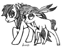 Size: 4200x3200 | Tagged: safe, artist:aracage, derpibooru exclusive, little strongheart, rainbow dash, bison, buffalo, pony, g4, feather, female, lidded eyes, looking at each other, mare, monochrome, quadrupedal, sketch, smiling