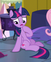 Size: 386x465 | Tagged: safe, screencap, fluttershy, twilight sparkle, alicorn, pegasus, pony, a health of information, g4, bedroom, cropped, female, mare, offscreen character, on floor, open mouth, raised hoof, sitting, solo focus, thinking, twilight sparkle (alicorn)