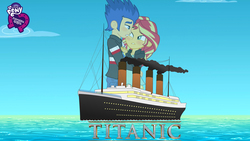 Size: 3000x1688 | Tagged: safe, artist:balabinobim, flash sentry, sunset shimmer, equestria girls, g4, equestria girls logo, female, male, movie poster, movie reference, ocean liner, ship, ship:flashimmer, shipping, straight, this will not end well, titanic, unfortunate implications, wallpaper, we are going to hell