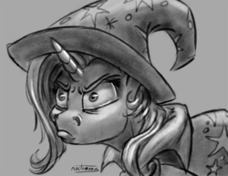 Size: 1100x850 | Tagged: safe, artist:noctomaeus, trixie, pony, unicorn, g4, road to friendship, angry, bust, cape, clothes, female, glare, grayscale, hat, mare, monochrome, portrait, solo, trixie's cape, trixie's hat