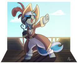 Size: 1896x1572 | Tagged: safe, artist:runedune, oc, oc only, oc:sekr gray, pony, unicorn, bowtie, eyepatch, hook, incorrect accessory, pirate outfit, solo, ych result