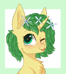 Size: 2672x3000 | Tagged: safe, artist:pesty_skillengton, oc, oc only, pony, unicorn, bust, commission, female, flower, flower in hair, heart eyes, high res, portrait, solo, tongue out, wingding eyes