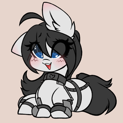 Size: 2000x2000 | Tagged: safe, artist:stablegrass, oc, oc only, oc:milly, earth pony, pony, blushing, cute, ear fluff, exosuit, female, high res, looking at you, looking up, lying down, mare, smiling