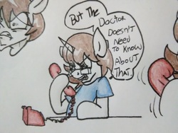 Size: 1292x969 | Tagged: safe, artist:paper view of butts, oc, oc:paper butt, pony, unicorn, clothes, color, comic, dialogue, glasses, horn, phone, shirt, tourettes guy, traditional art