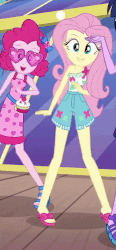 Size: 410x880 | Tagged: safe, screencap, fluttershy, pinkie pie, sci-twi, twilight sparkle, equestria girls, equestria girls series, g4, i'm on a yacht, spoiler:eqg series (season 2), adorasexy, alternate hairstyle, animated, blinking, blouse, clothes, cropped, cute, dancing, dress, eyeshadow, feet, female, geode of fauna, gif, glasses, heart shaped glasses, legs, looking at you, magical geodes, makeup, open-toed shoes, sandals, sexy, shoes, shorts, shyabetes, smiling, solo focus