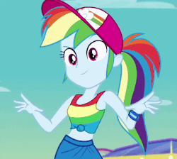 Size: 800x716 | Tagged: safe, screencap, rainbow dash, equestria girls, equestria girls series, spring breakdown, spoiler:eqg series (season 2), animated, baseball cap, cap, clothes, cropped, cute, dashabetes, female, front knot midriff, geode of super speed, gif, hand, hat, magical geodes, midriff, pants, ponytail, wristband