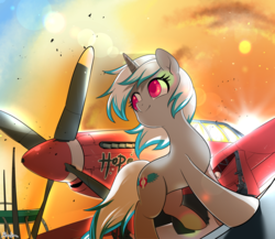 Size: 2300x2000 | Tagged: safe, artist:renokim, oc, oc only, oc:windshear, pony, unicorn, aircraft, airfield, female, high res, mare, solo, sunset