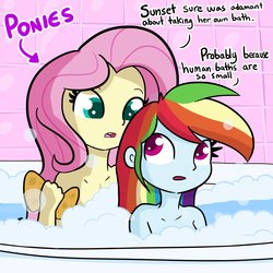 Size: 2048x2048 | Tagged: safe, artist:tjpones, fluttershy, rainbow dash, equestria girls, bath, bathing, bathing together, bathtub, bubble, bubble bath, casual nudity, clueless, confused, dialogue, female, frown, nudity, open mouth, sitting, smoldash, soap bubble, sponge, tallershy, text, we don't normally wear clothes