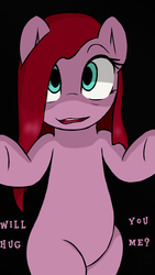 Size: 638x1131 | Tagged: safe, artist:pinkiesheen, edit, pinkie pie, earth pony, pony, g4, bipedal, black background, don't dead open inside, female, hug, looking at you, mare, no catchlights, pinkamena diane pie, question, question mark, simple background, smiling, solo, text, text edit, yes