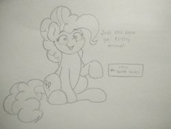 Size: 2080x1560 | Tagged: safe, artist:ljdamz1119, pinkie pie, earth pony, pony, g4, female, holding hooves, looking at you, mare, monochrome, open mouth, raised hoof, simple background, sitting, sketch, smiling, solo, talking to viewer, traditional art, white background