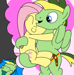 Size: 1013x1019 | Tagged: safe, artist:didgereethebrony, fluttershy, oc, oc:didgeree, pegasus, pony, g4, bed, blanket, blue eyes, canon x oc, cutie mark, dream, female, flutterdidge, implied shipping, male, pillow, scrunchy face, shipping, simple background, straight