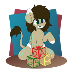 Size: 3600x3600 | Tagged: safe, artist:melonzy, oc, oc only, oc:rune, pegasus, pony, blocks, diaper, female, filly, happy, high res, letter, open mouth, smiling, solo, toy, young