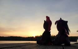 Size: 1128x708 | Tagged: safe, artist:ejlightning007arts, tempest shadow, twilight sparkle, pony, g4, build-a-bear, female, forest, lake, lesbian, photography, plushie, ship:tempestlight, shipping, sunset, together