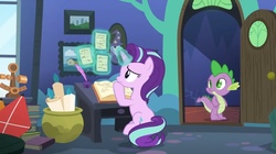 Size: 2048x1144 | Tagged: safe, screencap, spike, starlight glimmer, dragon, pony, unicorn, every little thing she does, g4, season 6, book, desk, female, inkwell, kite, magic, male, mare, quill, starlight's room, telekinesis