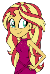 Size: 1983x2939 | Tagged: safe, artist:eagc7, sunset shimmer, equestria girls, equestria girls specials, g4, my little pony equestria girls: better together, my little pony equestria girls: spring breakdown, alternate hairstyle, clothes, dress, female, hand on hip, simple background, sleeveless, smiling, solo, transparent background