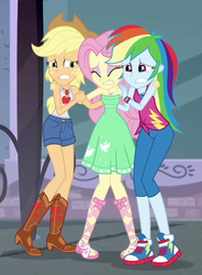 Size: 578x784 | Tagged: safe, screencap, applejack, fluttershy, rainbow dash, equestria girls, g4, my little pony equestria girls: better together, street chic, applejack's hat, arms, bare shoulders, boots, clothes, cold, converse, cowboy boots, cowboy hat, cropped, dress, female, fluttercold, freckles, freezing, geode of fauna, geode of super speed, geode of super strength, hat, legs, magical geodes, pants, sexy, shivering, shoes, shorts, skirt, sleeveless, sneakers, stetson, strapless, trio