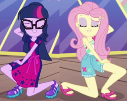 Size: 1350x1080 | Tagged: safe, screencap, fluttershy, sci-twi, twilight sparkle, equestria girls, equestria girls series, g4, i'm on a yacht, spoiler:eqg series (season 2), clothes, cropped, cute, dress, eyes closed, eyeshadow, feet, female, geode of fauna, glasses, legs, magical geodes, makeup, one shoulder, ponytail, pose, sandals, shoes, shorts, skirt, smiling