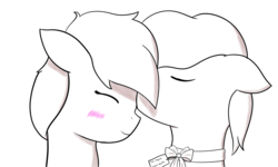 Size: 2000x1200 | Tagged: safe, artist:sketchlines, oc, oc only, oc:electrical note, pony, birthday gift, blushing, ear blush, forehead kiss, kissing, lineart, ribbon