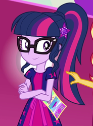 Size: 749x1019 | Tagged: safe, screencap, sci-twi, sunset shimmer, twilight sparkle, equestria girls, equestria girls series, g4, spring breakdown, spoiler:eqg series (season 2), barrette, clothes, cropped, crossed arms, female, geode of telekinesis, glasses, hairpin, magical geodes, offscreen character, ponytail, solo focus
