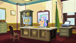 Size: 1920x1080 | Tagged: safe, screencap, princess celestia, principal celestia, equestria girls, equestria girls series, g4, schedule swap, spoiler:eqg series (season 2), banner, blinds, book, bookshelf, box, canterlot high, celestia's office, chair, clothes, computer, computer mouse, computer screen, cutie mark, desk, diploma, female, flag, flag pole, floor, furniture, happy, holding, indoors, jacket, keyboard, lidded eyes, microphone, moon, office, printer, roof, screen, shelf, shirt, sitting, smiling, solo, speaker, stars, sun, trophy, wall, wall of tags, whiteboard, window, woman