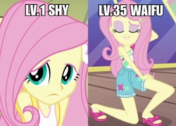 Size: 1008x720 | Tagged: source needed, safe, edit, fluttershy, human, equestria girls, equestria girls series, g4, i'm on a yacht, my little pony equestria girls, spoiler:eqg series (season 2), blouse, caption, clothes, cute, eyes closed, eyeshadow, feet, female, frown, geode of fauna, grin, image macro, kneeling, legs, looking at you, mafia city, magical geodes, makeup, meme, pose, sandals, shorts, shy, shyabetes, smiling, solo, tank top, teenager, text, that's how mafia works, waifu