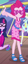 Size: 484x1076 | Tagged: safe, screencap, pinkie pie, rarity, sci-twi, twilight sparkle, equestria girls, g4, i'm on a yacht, my little pony equestria girls: better together, cropped, female, geode of sugar bombs, glasses, heart shaped glasses, legs, magical geodes, open-toed shoes, sleeveless, sunglasses, swag