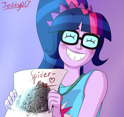Size: 450x425 | Tagged: safe, artist:jeddy017-vz, sci-twi, twilight sparkle, equestria girls, g4, autograph, avengers: infinity war, blushing, disintegration, eyes closed, female, i don't feel so good, implied death, male, smiling, solo, spider-man