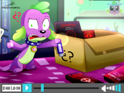 Size: 1360x1020 | Tagged: safe, artist:the-butch-x, spike, spike the regular dog, dog, equestria girls, equestria girls series, g4, reboxing with spike!, spoiler:eqg series (season 2), book, box, confused, flash drive, looking at you, male, paw pads, paws, satanism, signature, snuff film, solo, usb, vhs, youtube