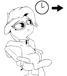 Size: 2232x2532 | Tagged: safe, artist:wenni, grace manewitz, g4, apple, armpits, arrow, black and white, chair, clock, eating, floppy ears, food, glasses, grayscale, high res, monochrome, necktie, pencil, simple background, sitting, white background