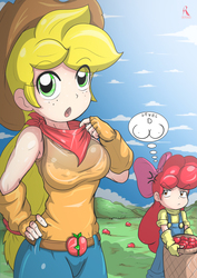 Size: 2067x2923 | Tagged: safe, artist:ryured, apple bloom, applejack, human, g4, apple, basket, big breasts, breast envy, breasts, busty applejack, clothes, cowboy hat, female, fingerless gloves, food, freckles, fruit, gloves, handkerchief, hat, high res, humanized, open mouth, pants, siblings, sisters, stetson
