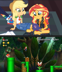 Size: 471x549 | Tagged: safe, edit, screencap, applejack, rainbow dash, sunset shimmer, turtle, equestria girls, g4, my little pony equestria girls: better together, the finals countdown, blocks, coin, gamer sunset, geode of empathy, geode of super strength, koopa shell, luigi, magical geodes, male, mario, new super mario bros., new super mario bros. u, new super mario bros. u deluxe, nintendo, pipe (plumbing), piranha plant, super mario bros., toadette, turtle shell, warp pipe