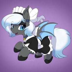 Size: 3000x3000 | Tagged: safe, artist:aurorafang, oc, oc only, oc:moonlight melody, bat pony, pony, apron, bow, clothes, collar, commission, dress, ear piercing, female, french maid, high res, maid, mare, piercing, shoes, solo