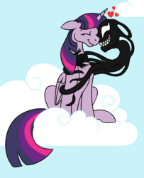 Size: 650x800 | Tagged: safe, artist:spyro-for-life, twilight sparkle, alicorn, pony, fanfic:the symbiote, g4, cloud, crossover, crossover shipping, fanfic art, female, floating heart, heart, mare, marvel comics, nuzzling, shipping, symbiote, twilight sparkle (alicorn), twinom, venom, venom (2018), wat