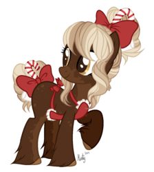 Size: 1062x1184 | Tagged: safe, artist:mintoria, oc, oc only, oc:cocoa butter, earth pony, pony, apron, bow, clothes, female, hair bow, mare, simple background, solo, tail bow, transparent background