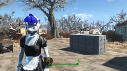 Size: 1280x720 | Tagged: safe, artist:themultibrony21, oc, oc only, oc:feathertrap, unicorn, anthro, blushing, choker, close-up, clothes, crossdressing, dress, eyeshadow, fallout, fallout 4, femboy, french maid, game mod, lipstick, maid, makeup, male, pipboy, solo, stallion, trap, tree