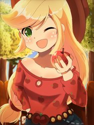 Size: 768x1024 | Tagged: safe, artist:erufi, applejack, equestria girls, g4, my little pony equestria girls: legend of everfree, anime, apple, applejack's hat, blushing, camp everfree outfits, clothes, cowboy hat, cute, female, food, freckles, hat, jackabetes, one eye closed, open mouth, solo, wink