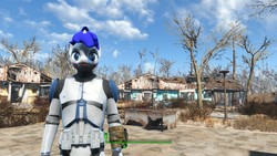 Size: 1280x720 | Tagged: safe, artist:themultibrony21, oc, oc only, oc:feathertrap, unicorn, anthro, armor, clone trooper, eyeshadow, fallout, fallout 4, game mod, lipstick, makeup, male, solo, star wars, tree
