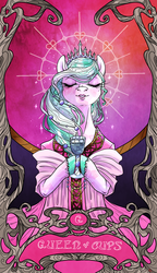Size: 822x1425 | Tagged: safe, artist:sourcherry, oc, unnamed oc, crystal pony, pony, clothes, cup, curly mane, jewelry, lipstick, minor arcana, queen of cups, scarf, tarot, tarot card, tiara