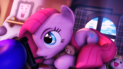 Size: 3840x2159 | Tagged: safe, artist:selestlight, pinkie pie, earth pony, pony, g4, 3d, drawing, female, high res, mare, mouth hold, pinkamena diane pie, solo, source filmmaker, stylus, tablet, teddy bear, window